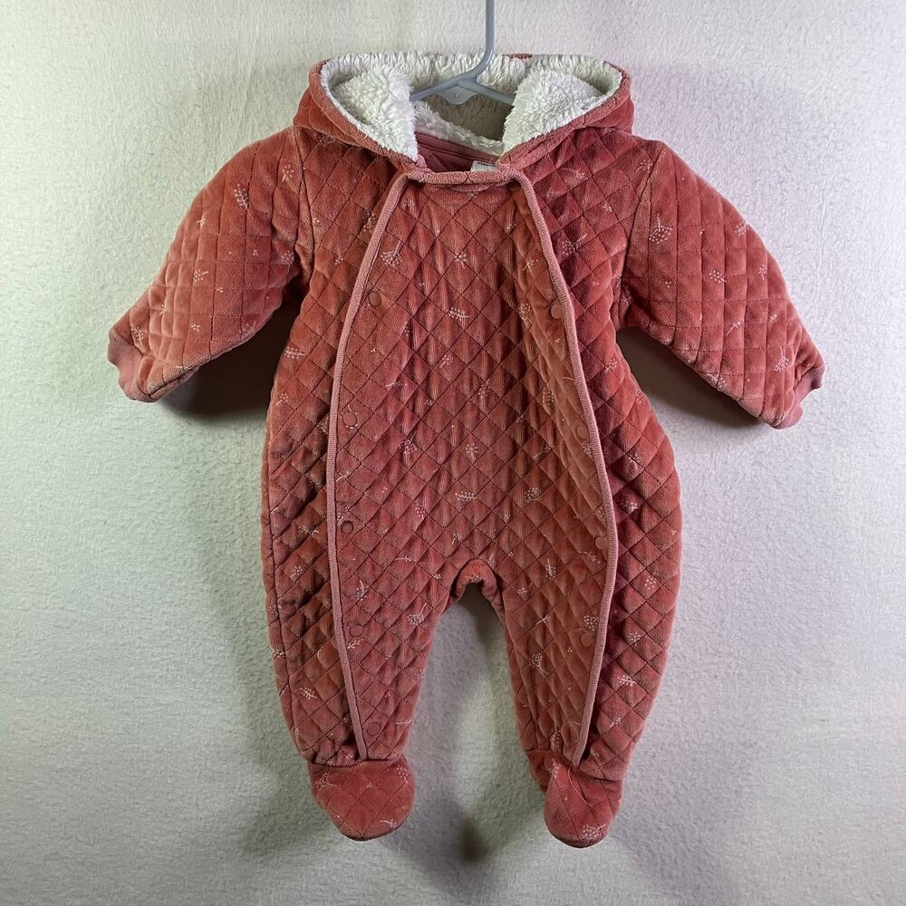 Nordstrom Velour Snowsuit Baby 6m Pink Quilted Hood Floral Bunting